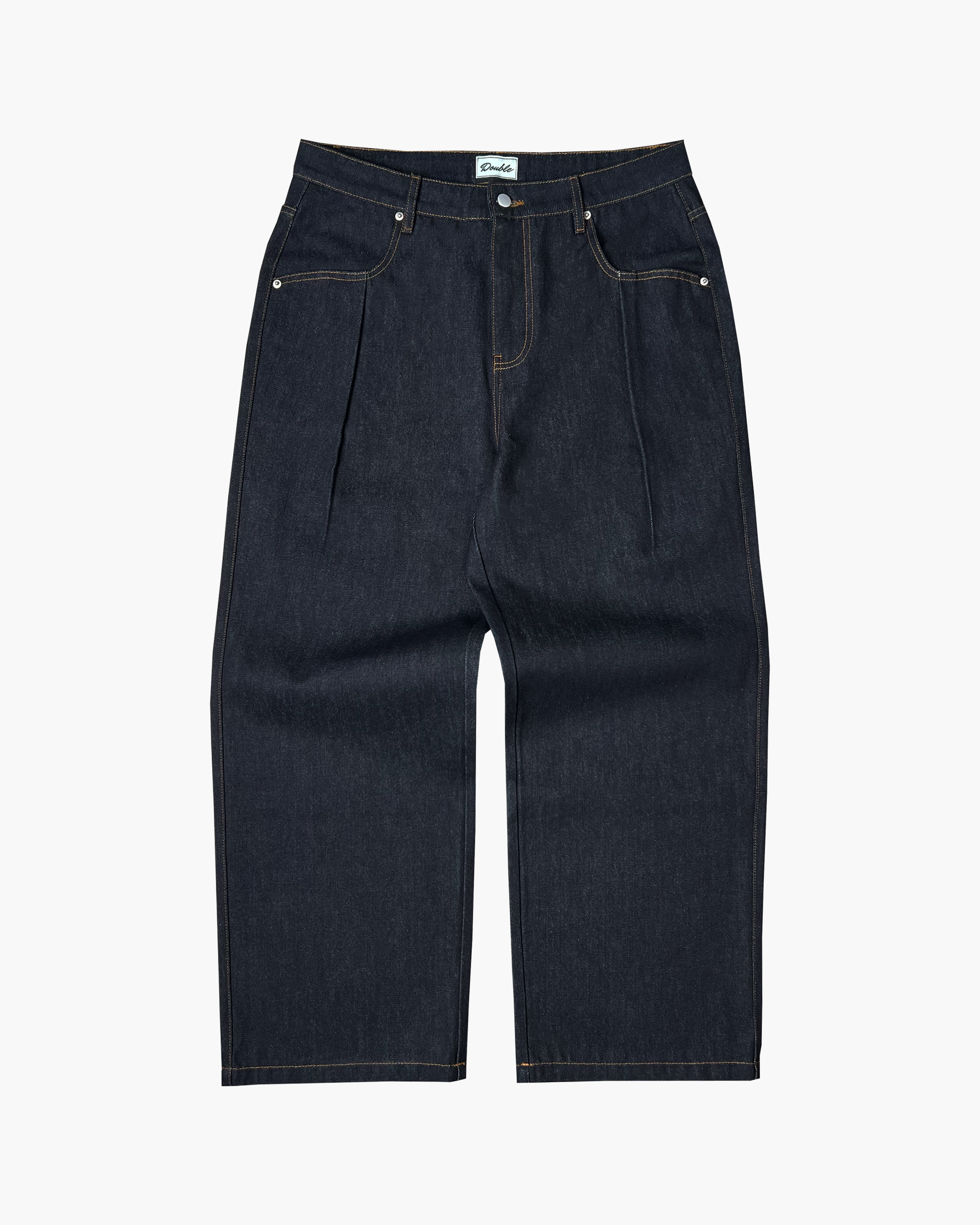PLEATED RAW DENIM JEANS